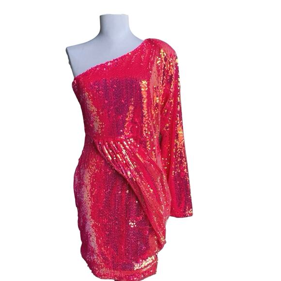 NEW Akira Maximum Sequin One Shoulder Mini Dress Sz L Iridescent Hot Pink Party - Picture 6 of 13